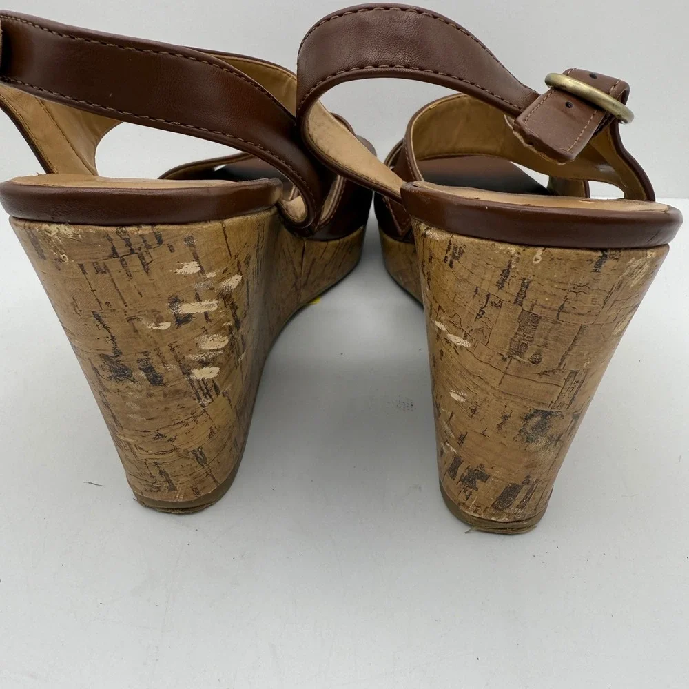 Franco Sarto Women's Size 8.5M Brown Leather Cork Wedge Sandals Casual